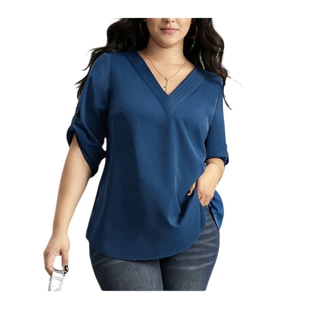 Bloomchic Womens Size 2X (18-20) Indigo V-Neck Plain Pleated Tab Sleeve Blouse